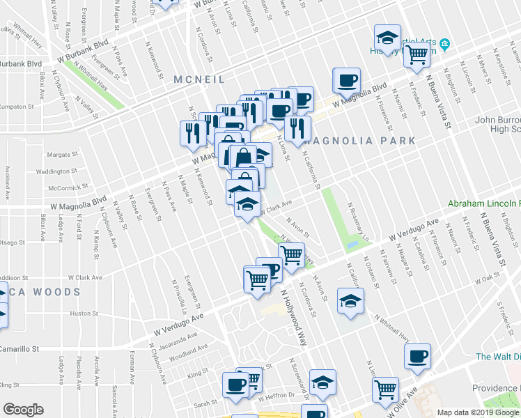 map of restaurants, bars, coffee shops, grocery stores, and more near 828 North Hollywood Way in Burbank