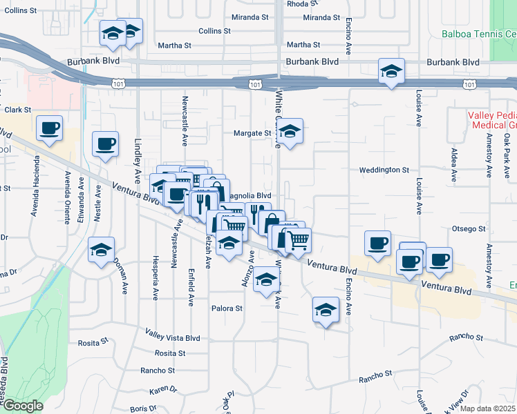 map of restaurants, bars, coffee shops, grocery stores, and more near 5204 Yarmouth Avenue in Los Angeles
