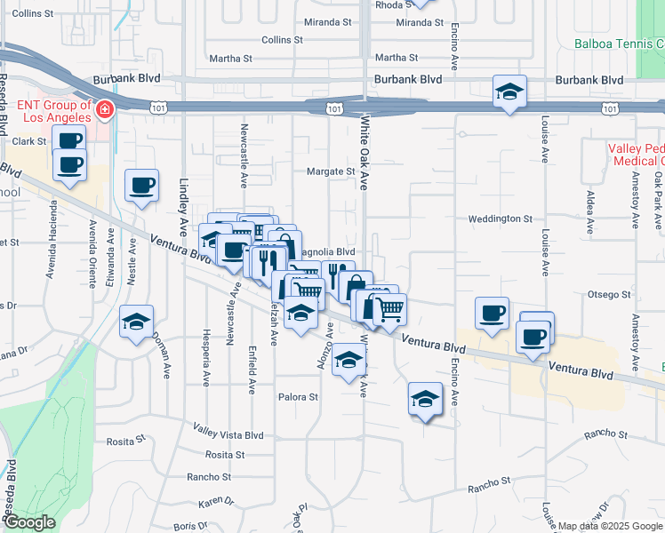 map of restaurants, bars, coffee shops, grocery stores, and more near 5204 Yarmouth Avenue in Los Angeles