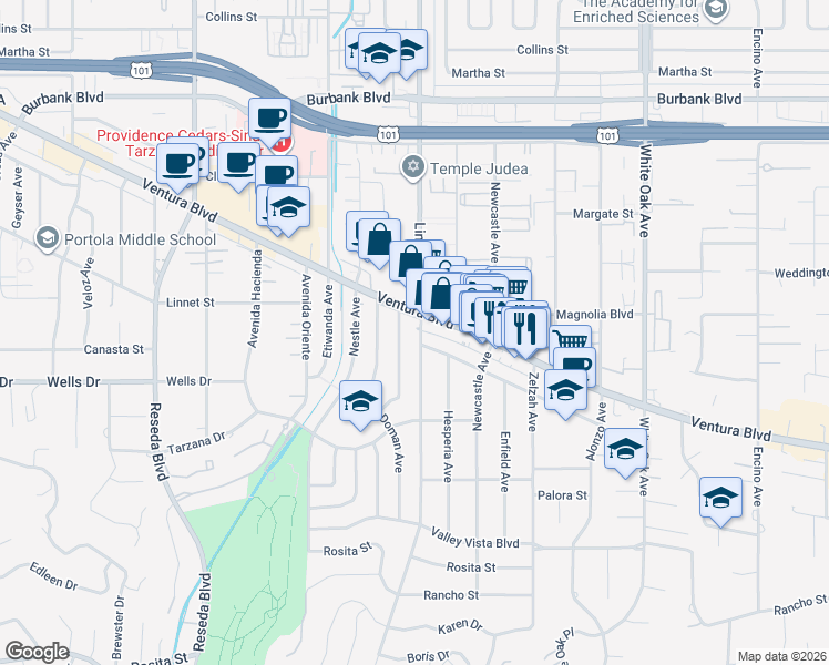 map of restaurants, bars, coffee shops, grocery stores, and more near in Los Angeles