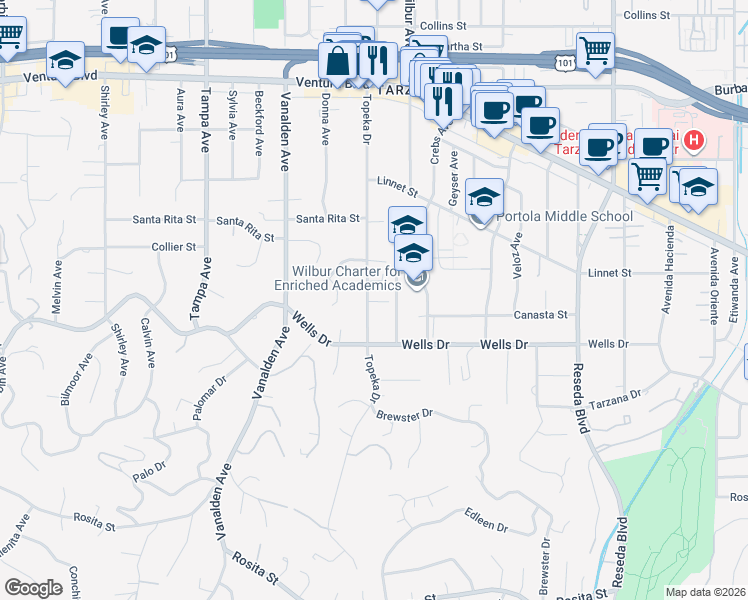map of restaurants, bars, coffee shops, grocery stores, and more near 5236 Topeka Drive in Los Angeles