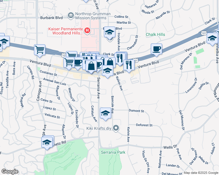 map of restaurants, bars, coffee shops, grocery stores, and more near 20874 Ventura Boulevard in Los Angeles