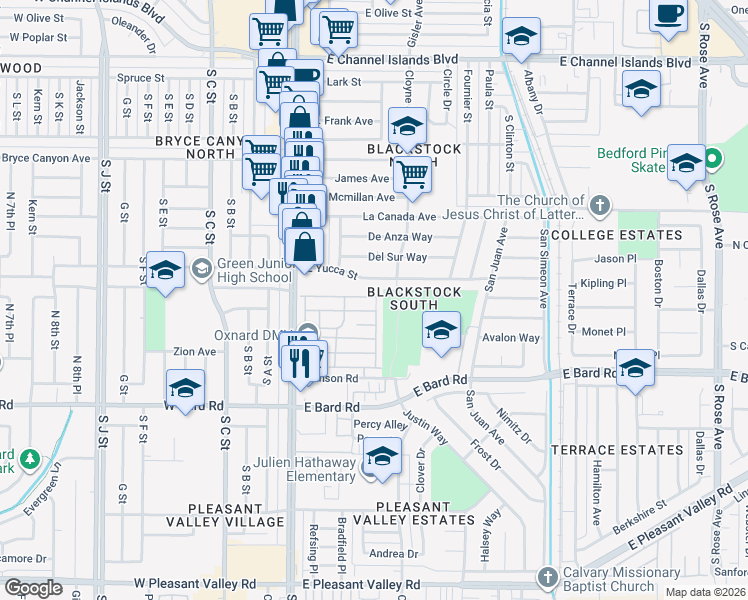 map of restaurants, bars, coffee shops, grocery stores, and more near 450 East Yucca Street in Oxnard