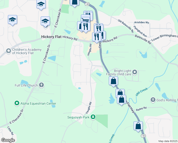 map of restaurants, bars, coffee shops, grocery stores, and more near 230 Hickory Chase in Canton