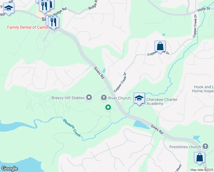 map of restaurants, bars, coffee shops, grocery stores, and more near Sixes Creek Trail in Cherokee County