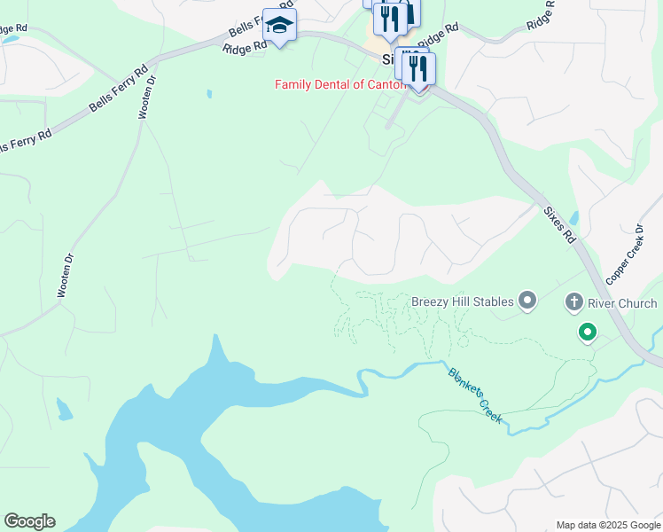 map of restaurants, bars, coffee shops, grocery stores, and more near 602 Creekview Circle in Canton