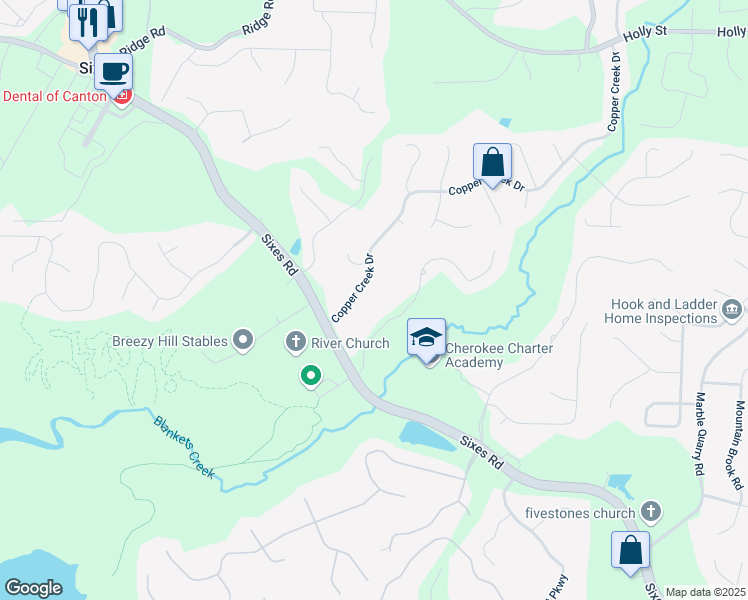 map of restaurants, bars, coffee shops, grocery stores, and more near 171 West Ridge Drive in Canton