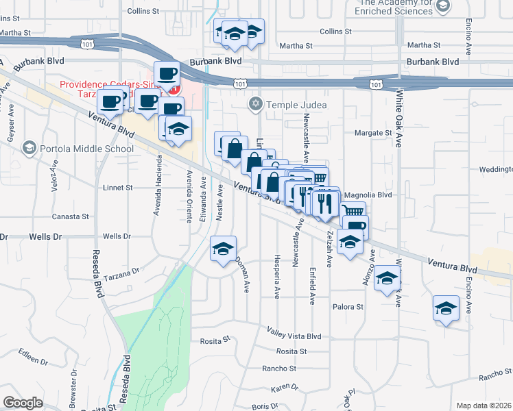 map of restaurants, bars, coffee shops, grocery stores, and more near in Los Angeles