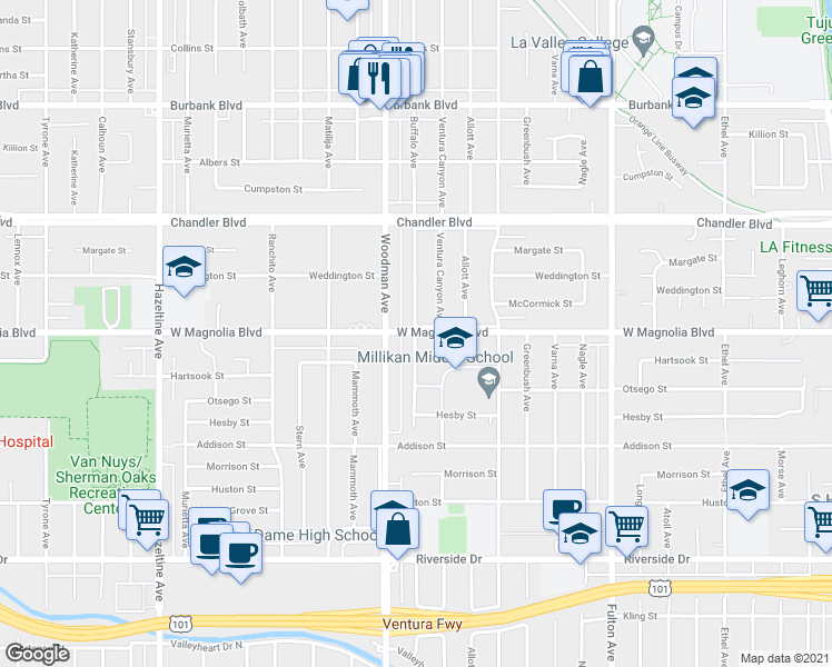 map of restaurants, bars, coffee shops, grocery stores, and more near 5198 Buffalo Avenue in Los Angeles