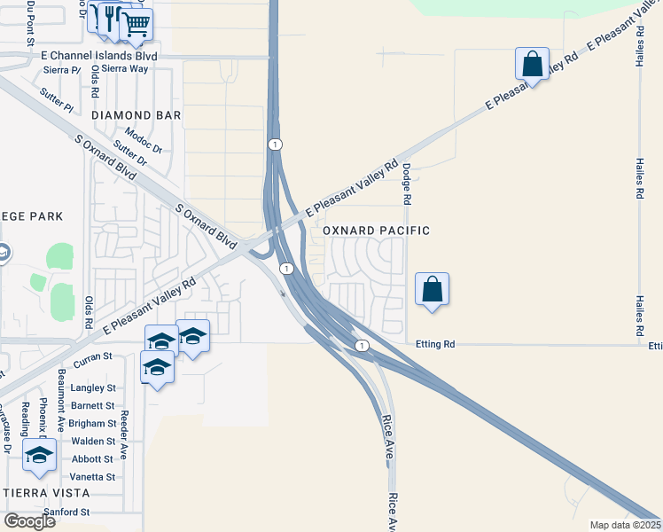 map of restaurants, bars, coffee shops, grocery stores, and more near 205 Big Bear Way in Oxnard