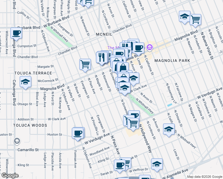 map of restaurants, bars, coffee shops, grocery stores, and more near 830 North Kenwood Street in Burbank