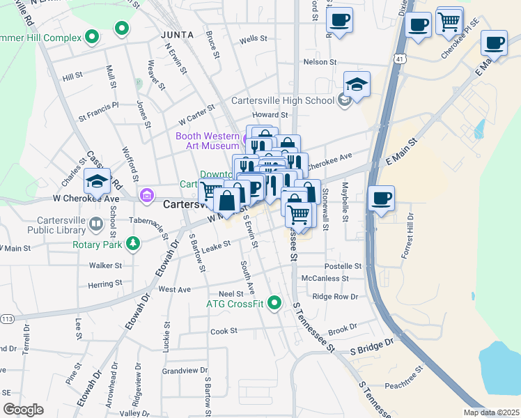 map of restaurants, bars, coffee shops, grocery stores, and more near 26 North Wall Street in Cartersville