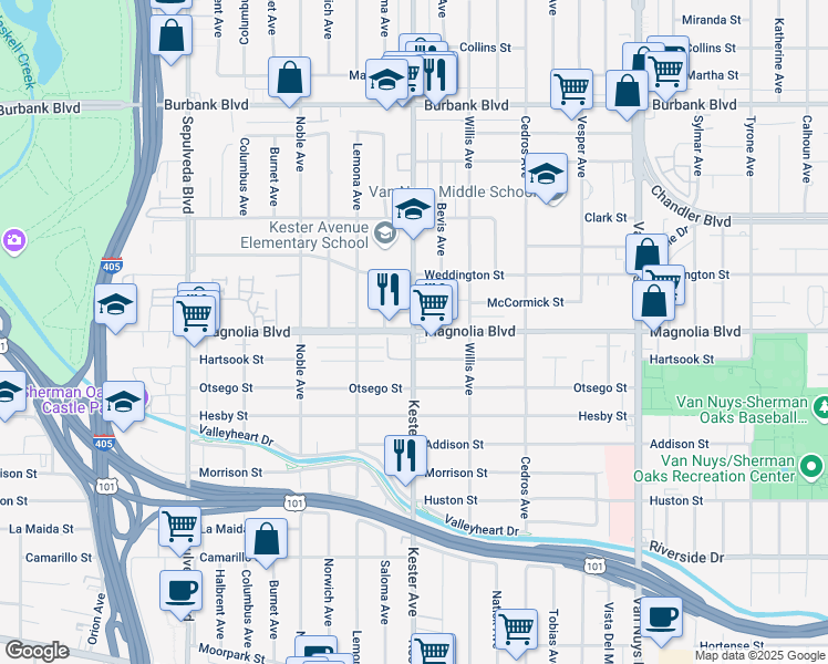 map of restaurants, bars, coffee shops, grocery stores, and more near Magnolia Boulevard & Kester Avenue in Los Angeles