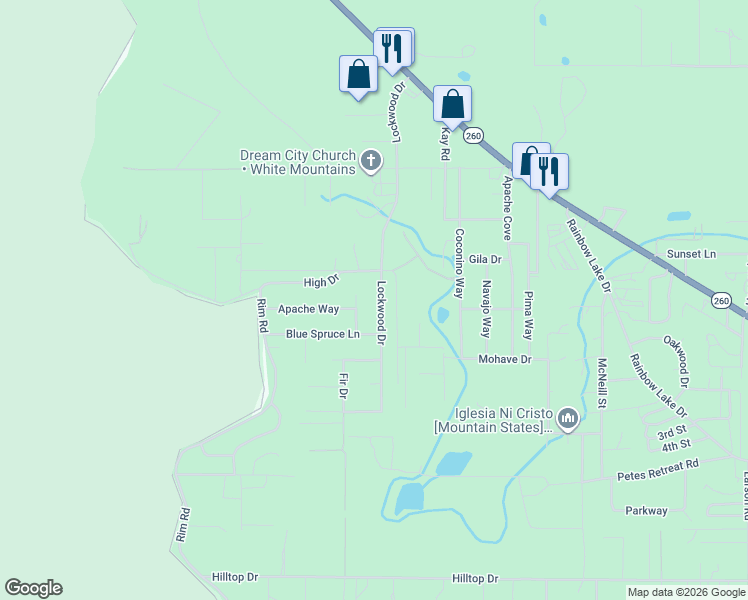 map of restaurants, bars, coffee shops, grocery stores, and more near 2724 Lockwood Drive in Navajo County