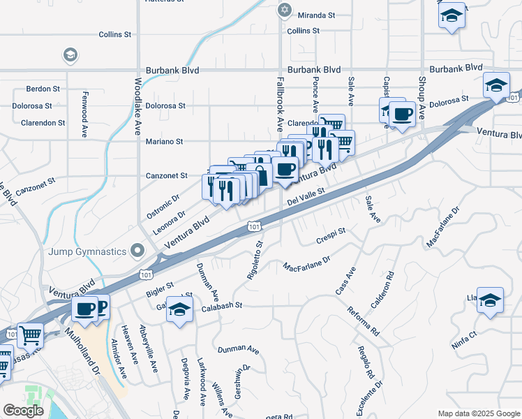 map of restaurants, bars, coffee shops, grocery stores, and more near 22836 Ventura Boulevard in Los Angeles