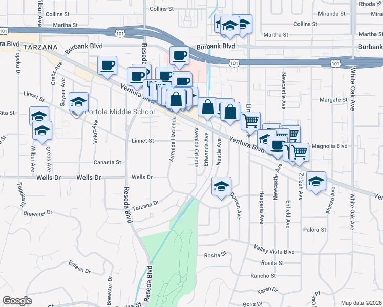 map of restaurants, bars, coffee shops, grocery stores, and more near 5157 Avenida Oriente in Los Angeles