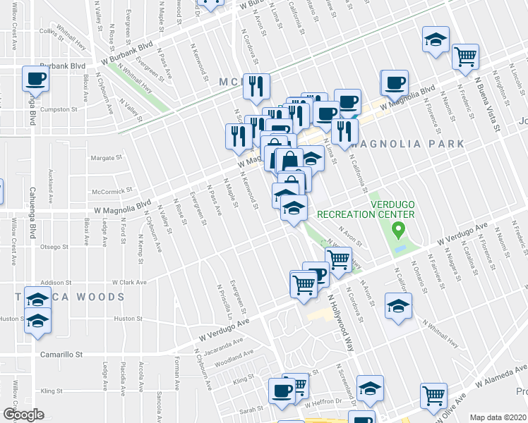 map of restaurants, bars, coffee shops, grocery stores, and more near 830 North Kenwood Street in Burbank