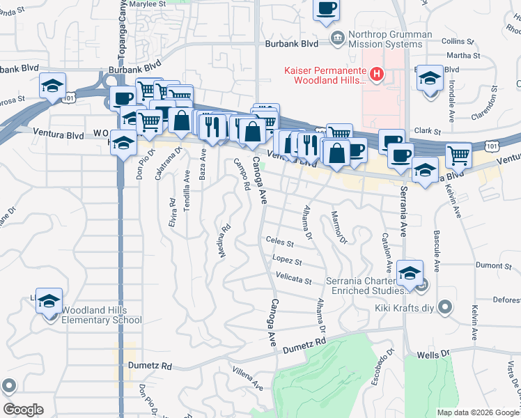 map of restaurants, bars, coffee shops, grocery stores, and more near 5217 Canoga Avenue in Los Angeles