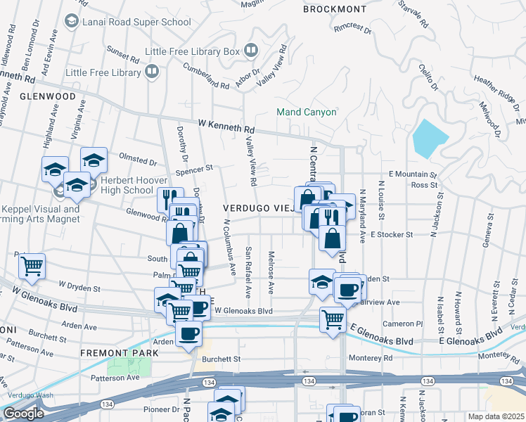 map of restaurants, bars, coffee shops, grocery stores, and more near 1228 Valley View Road in Glendale