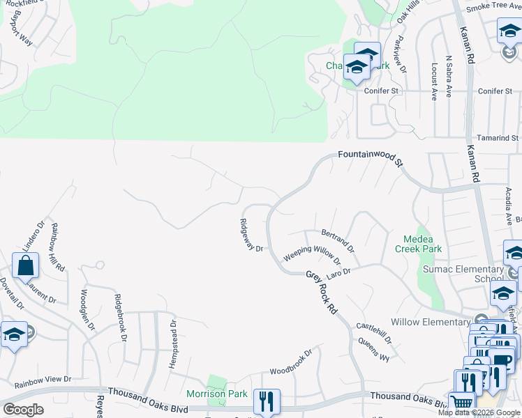 map of restaurants, bars, coffee shops, grocery stores, and more near 29614 Ridgeway Drive in Agoura Hills