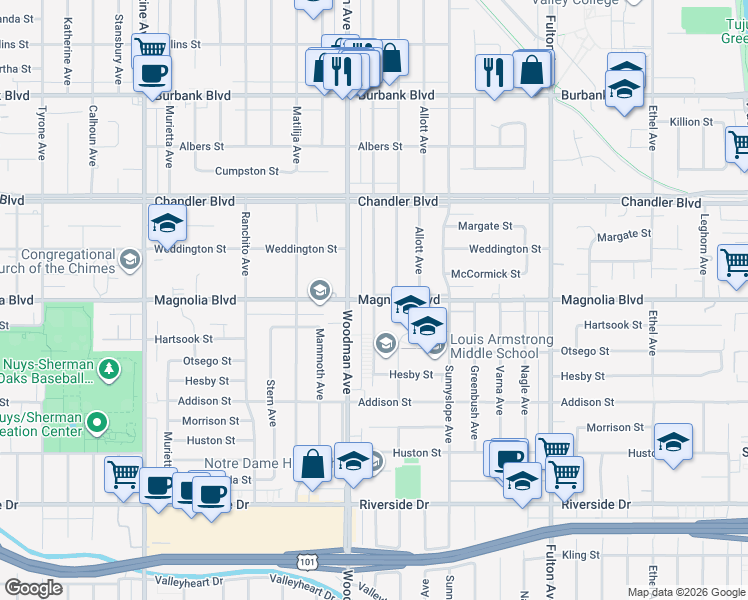 map of restaurants, bars, coffee shops, grocery stores, and more near Magnolia Blvd & Buffalo Ave in Los Angeles