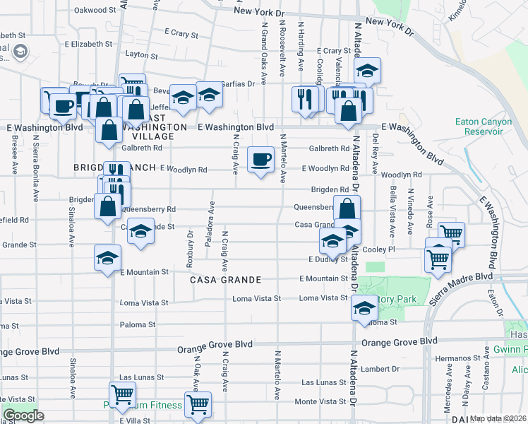 map of restaurants, bars, coffee shops, grocery stores, and more near 2261 Queensberry Road in Pasadena