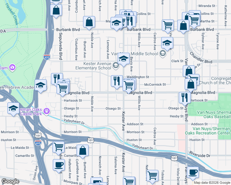 map of restaurants, bars, coffee shops, grocery stores, and more near 14925 Magnolia Boulevard in Los Angeles