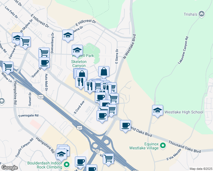 map of restaurants, bars, coffee shops, grocery stores, and more near 2804 West Wasatch Court in Westlake Village