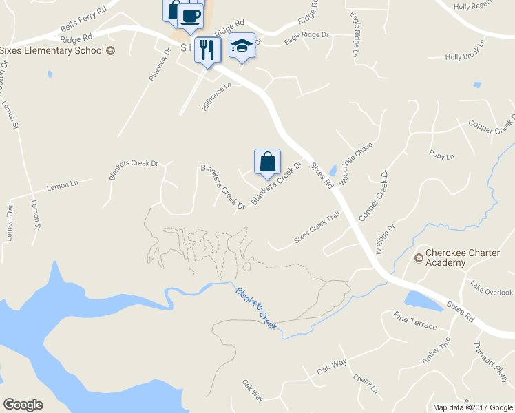map of restaurants, bars, coffee shops, grocery stores, and more near 1025 Blankets Creek Drive in Canton