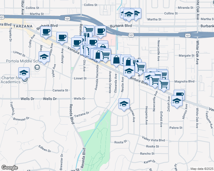 map of restaurants, bars, coffee shops, grocery stores, and more near 5157 Avenida Oriente in Los Angeles