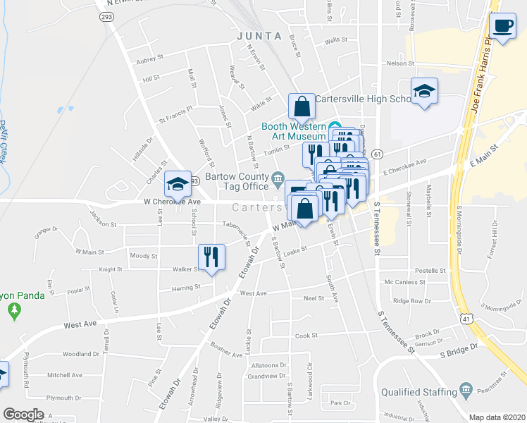 map of restaurants, bars, coffee shops, grocery stores, and more near 5 South Bartow Street in Cartersville
