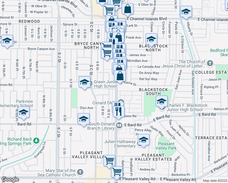 map of restaurants, bars, coffee shops, grocery stores, and more near 3801 Saviers Road in Oxnard
