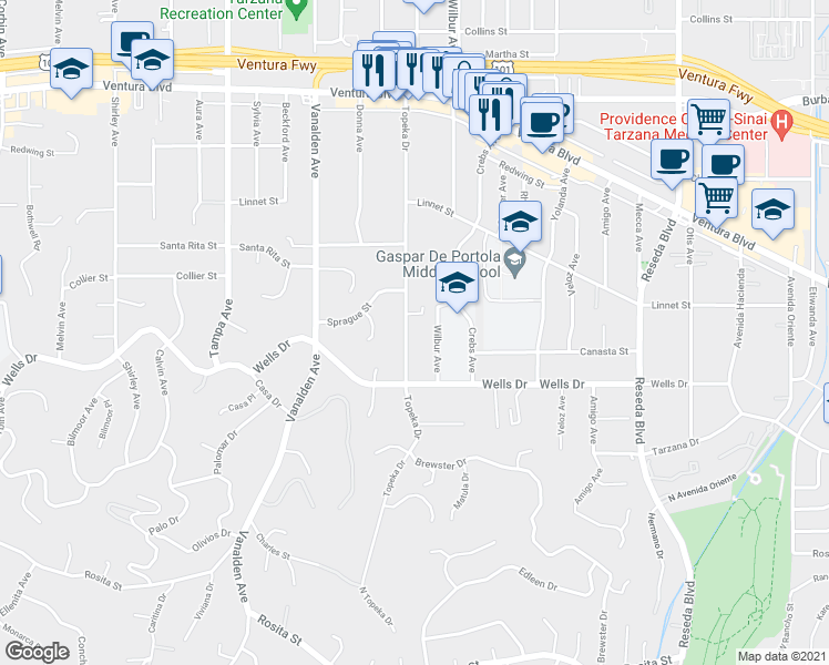 map of restaurants, bars, coffee shops, grocery stores, and more near 5206 Topeka Drive in Los Angeles
