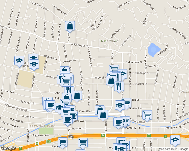 map of restaurants, bars, coffee shops, grocery stores, and more near 1228 Valley View Road in Glendale