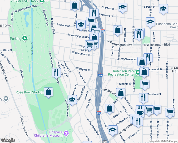 map of restaurants, bars, coffee shops, grocery stores, and more near 464 Westgate Street in Pasadena
