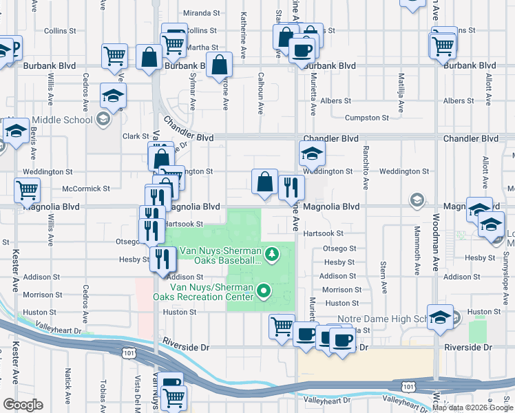 map of restaurants, bars, coffee shops, grocery stores, and more near 14227 West Magnolia Boulevard in Los Angeles