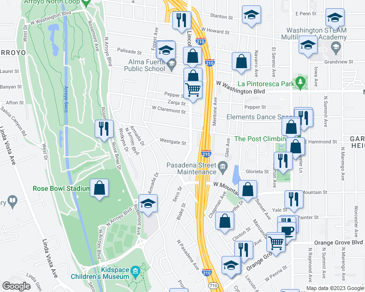 map of restaurants, bars, coffee shops, grocery stores, and more near 464 Westgate Street in Pasadena