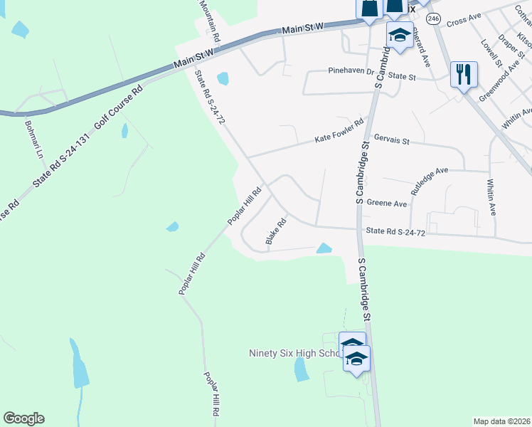 map of restaurants, bars, coffee shops, grocery stores, and more near 4 State Road S-24-586 in Ninety Six