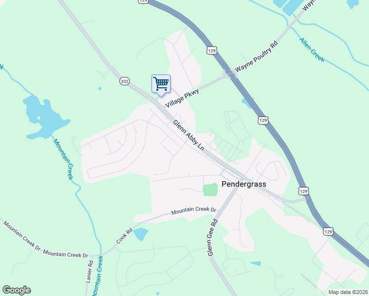 map of restaurants, bars, coffee shops, grocery stores, and more near 300 Park Street in Pendergrass