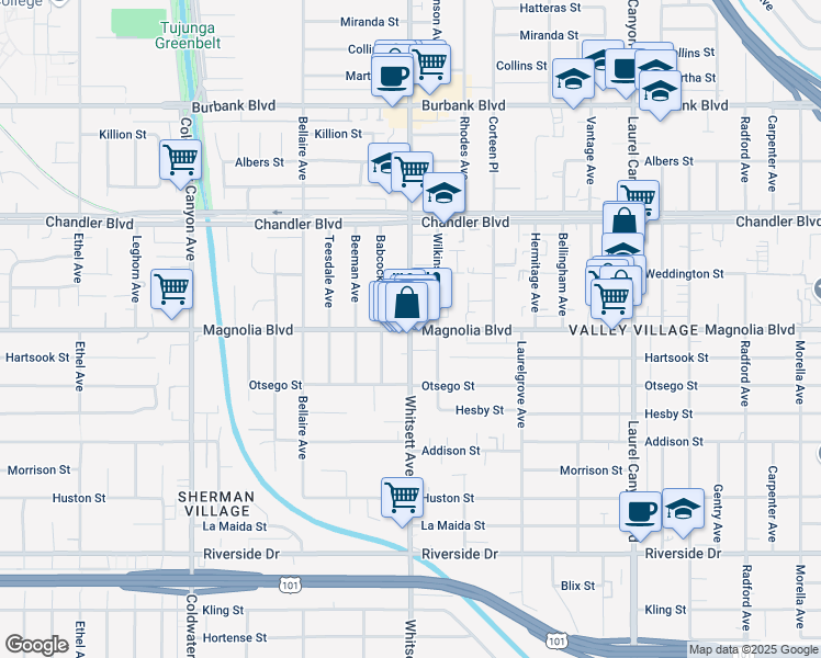map of restaurants, bars, coffee shops, grocery stores, and more near Magnolia Boulevard & Whitsett Avenue in Los Angeles