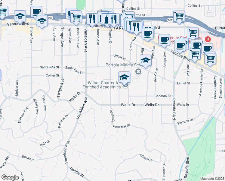 map of restaurants, bars, coffee shops, grocery stores, and more near 5206 Topeka Drive in Los Angeles