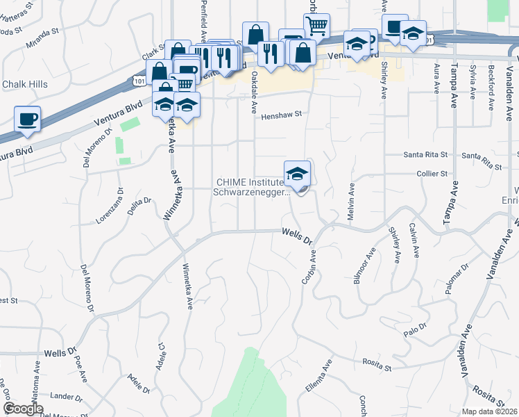 map of restaurants, bars, coffee shops, grocery stores, and more near 5200 Oakdale Avenue in Los Angeles