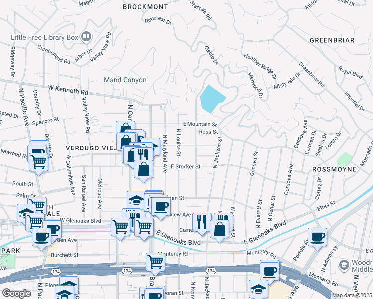 map of restaurants, bars, coffee shops, grocery stores, and more near 314 East Randolph Street in Glendale