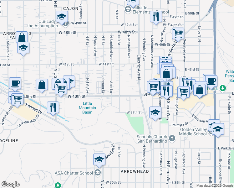 map of restaurants, bars, coffee shops, grocery stores, and more near 4025 Acre Lane in San Bernardino