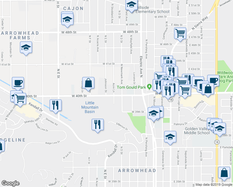 map of restaurants, bars, coffee shops, grocery stores, and more near 4025 Acre Lane in San Bernardino