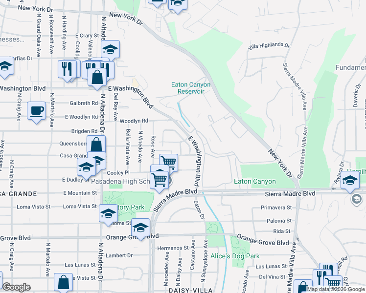 map of restaurants, bars, coffee shops, grocery stores, and more near 2807 Heritage Drive in Pasadena