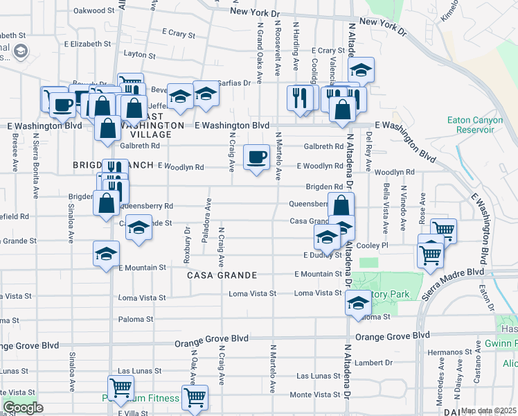 map of restaurants, bars, coffee shops, grocery stores, and more near 2261 Queensberry Road in Pasadena