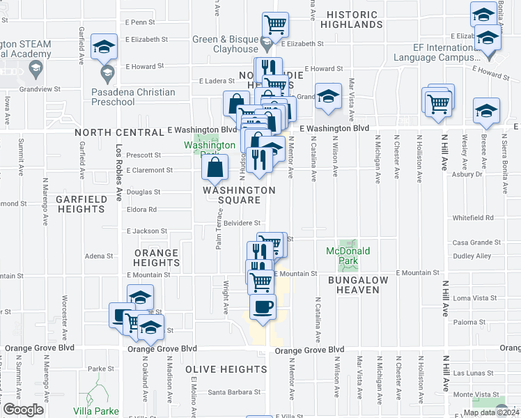 map of restaurants, bars, coffee shops, grocery stores, and more near 1143 North Lake Avenue in Pasadena