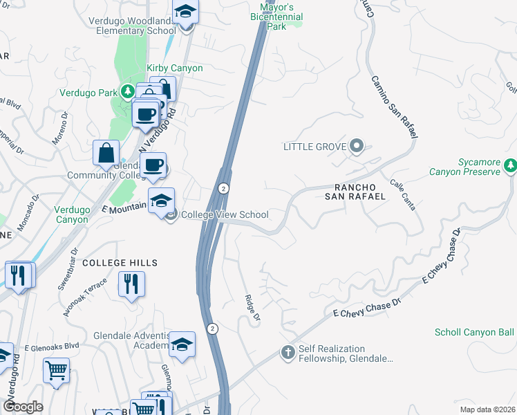 map of restaurants, bars, coffee shops, grocery stores, and more near 1049 Calle Contento in Glendale