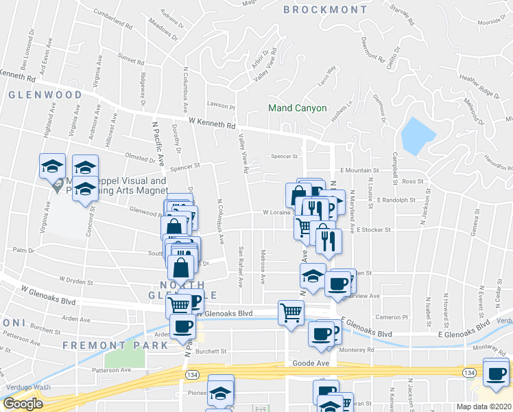 map of restaurants, bars, coffee shops, grocery stores, and more near 1244 Valley View Road in Glendale